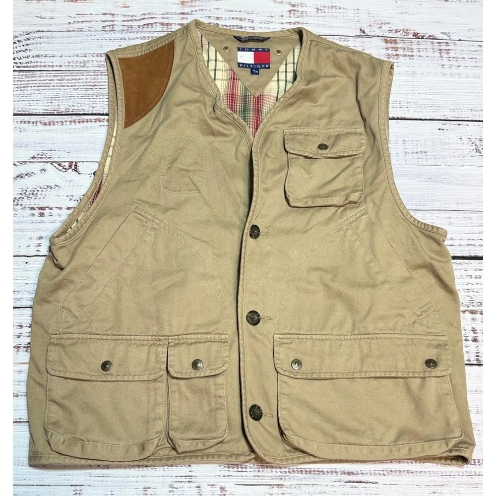 Tommy Hilfiger Vtg Hunting Shooting Vest Medium Tan Plaid Lined Cotton Twill